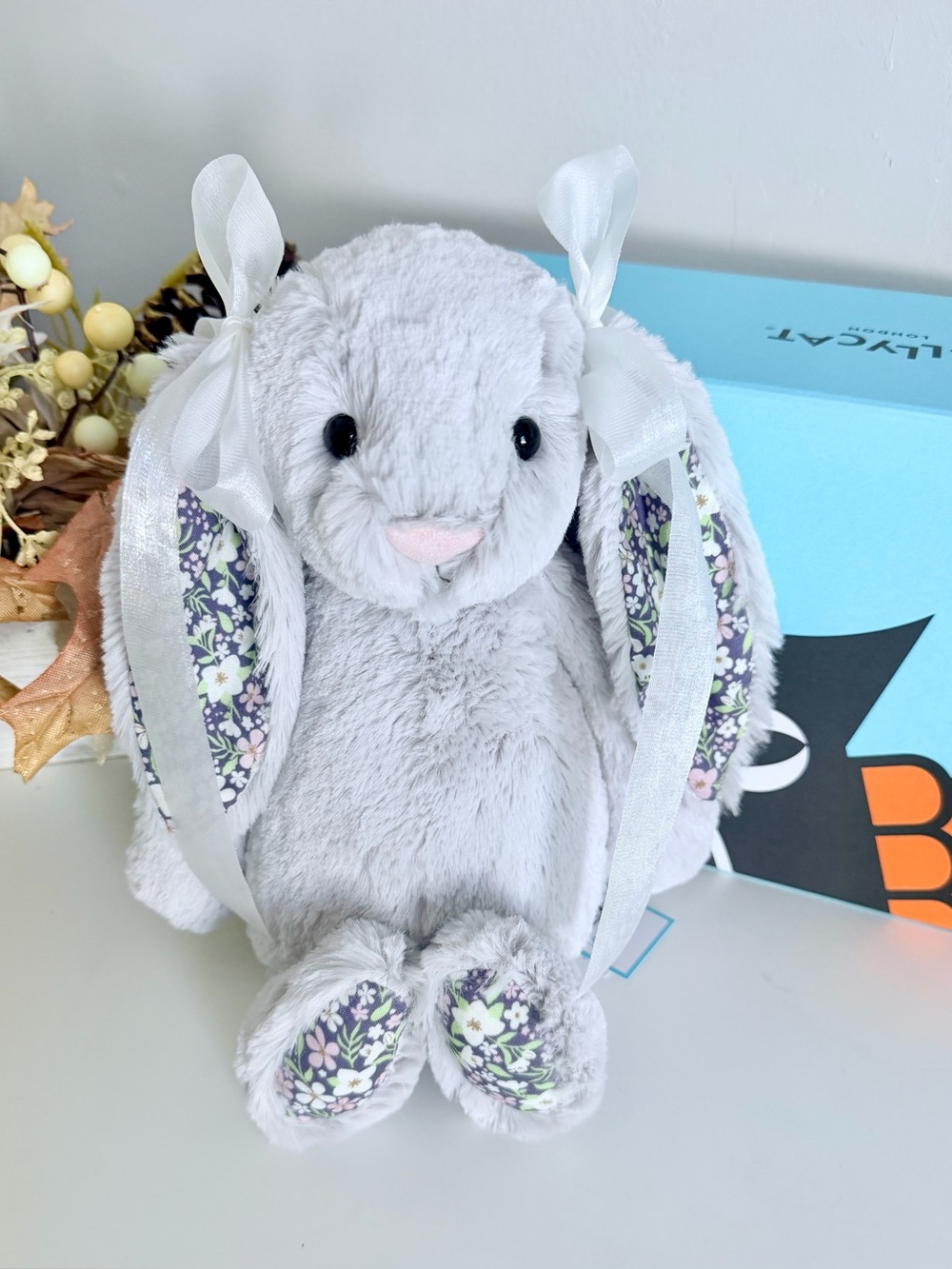 Jellycat Blossom Silver Bunny Bloom Medium BNWT Authentic! Comes w/bows